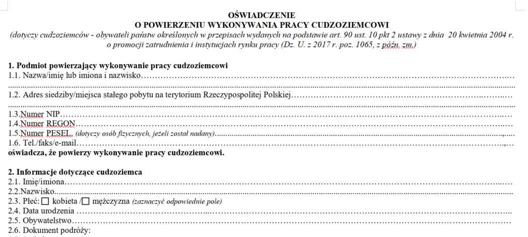 Oświadczenia o powierzeniu wykonywania pracy cudzoziemcowi